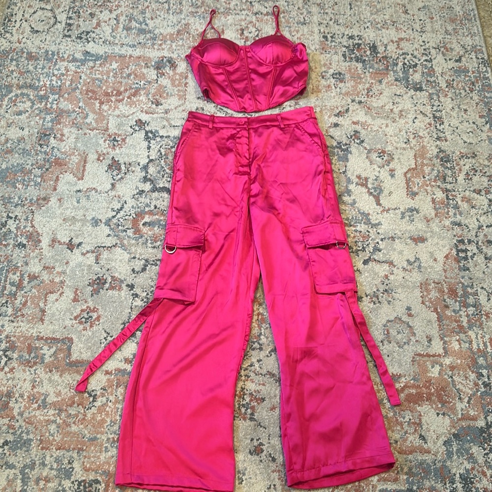 Pink Satin 2 Piece Jumpsuit Set Size Large
